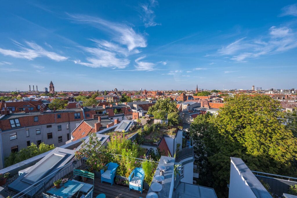 Blick über Berlin und auf ein intensiv begrüntes Dach