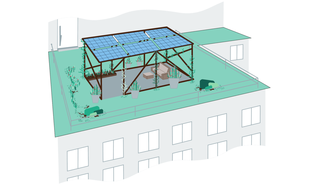 Grafische Darstellung einer Solar-Pergola auf einem Gruendach