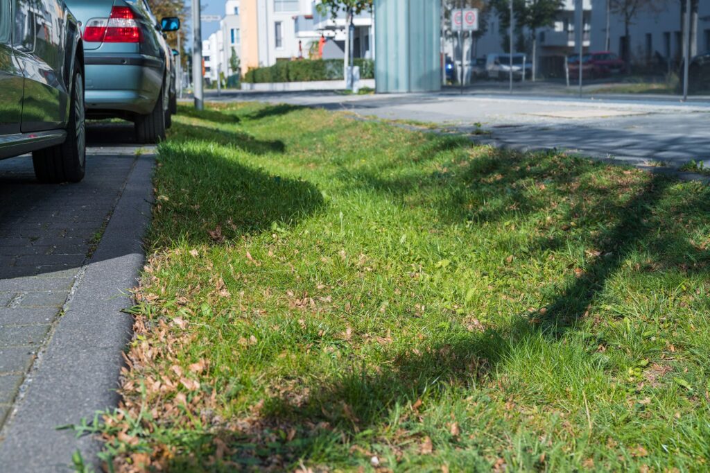 Versickerungs-Mulde neben geparkten Autos