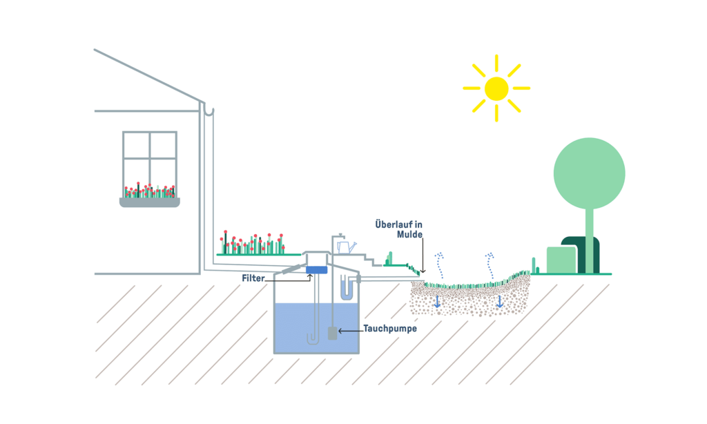 Schematische Darstellung einer Zisternenlösung mit Versickerung des Überlaufs in Mulden.