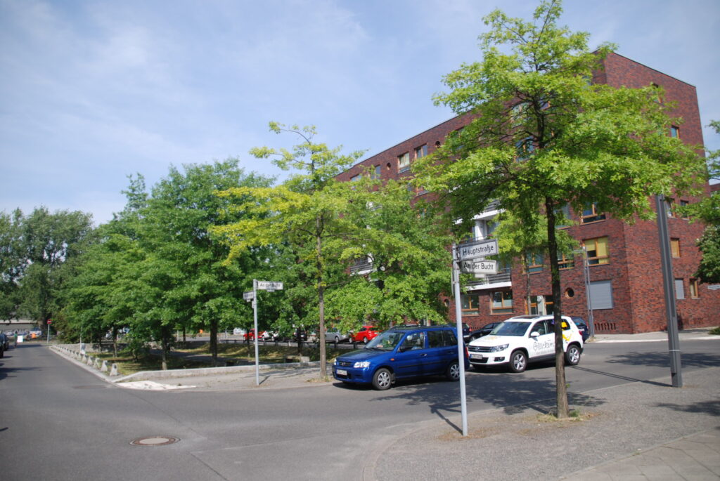 Das Bild zeigt ebenfalls Bäume in Mulden. Im Vergleich zu Bäumen, die nicht in Mulden stehen, erscheinen sie deutlich grüner und besser gewachsen.