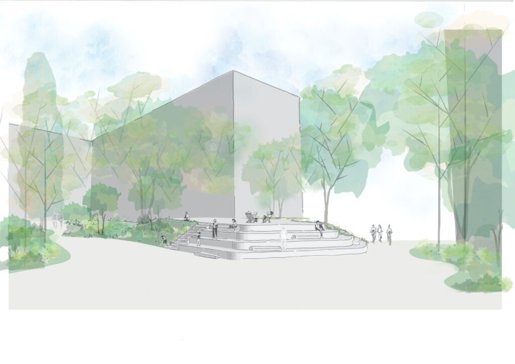 Perspektive Sitzlandschaft auf Tiefgaragenabfahrt