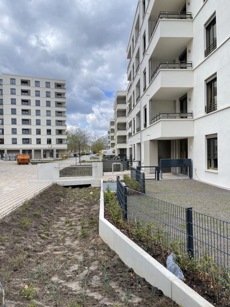 Versickerungsbeet vor Wohnhäusern