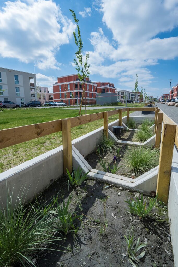 Tiefbeet-Rigole als kompakte Sonderform des Mulden-Rigolen-Systems, die speziell für Straßen mit begrenzter Flächenverfügbarkeit konzipiert worden ist.