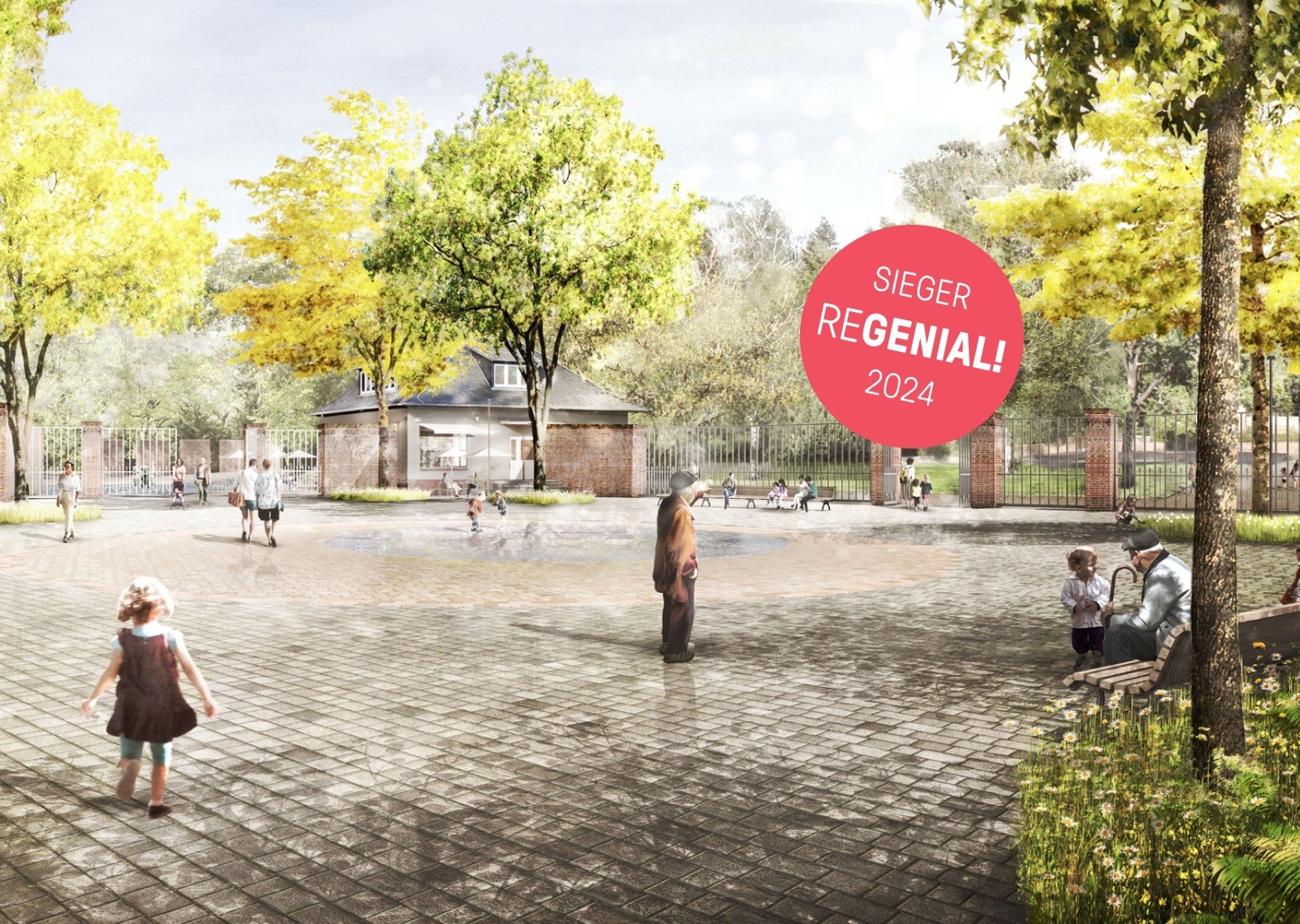 Perspektive - Vorplatz des Zentralfriedhofs Friedrichsfelde + Sieger-Badge-Regenial