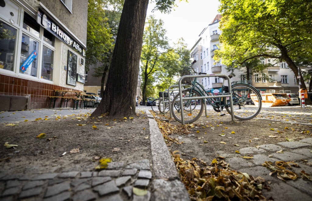 Niedrigschwellige Lösung: entsiegelte Stellfläche vor einer Baumscheibe in der Weisestraße in Berlin-Neukölln