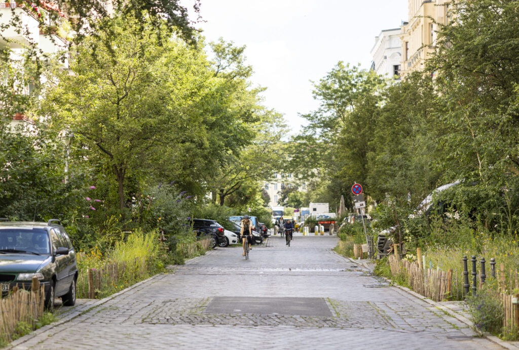 Straße mit intensiven Grünflächen auf beiden Seiten - Entsiegelung im Graefekiez