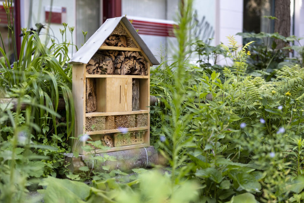 Insektenhotel inmitten von Pflanzen