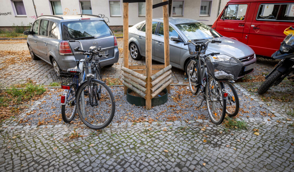 Fahrradstellplätze neben kleiner Baumscheibe