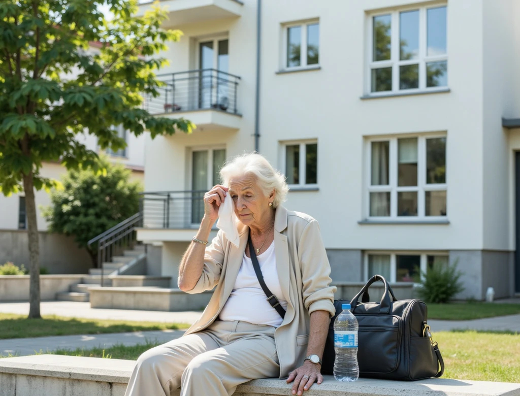 Ältere Dame, die unter Hitze leidet, auf einer Bank in Berlin. KI-generiertes Bild mit exactly.ai