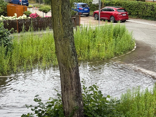 Schwammstadtmaßnahme in Aktion: Starkregenvorsorge Schildower Straße. Problem Versickerung Pflaster, Kapazität Mulde.