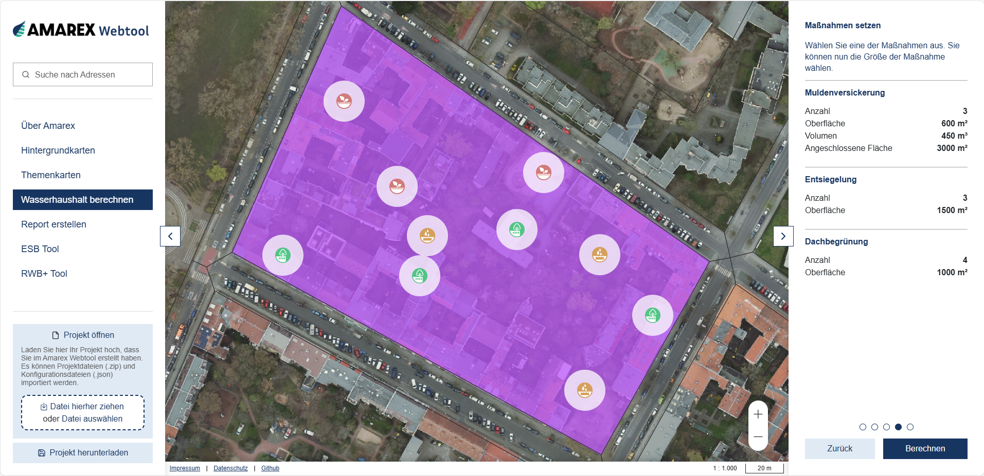 Screenshot von Webtool des AMAREX-Projekts mit Maßnahmenplatzierung für die lokale Planung.