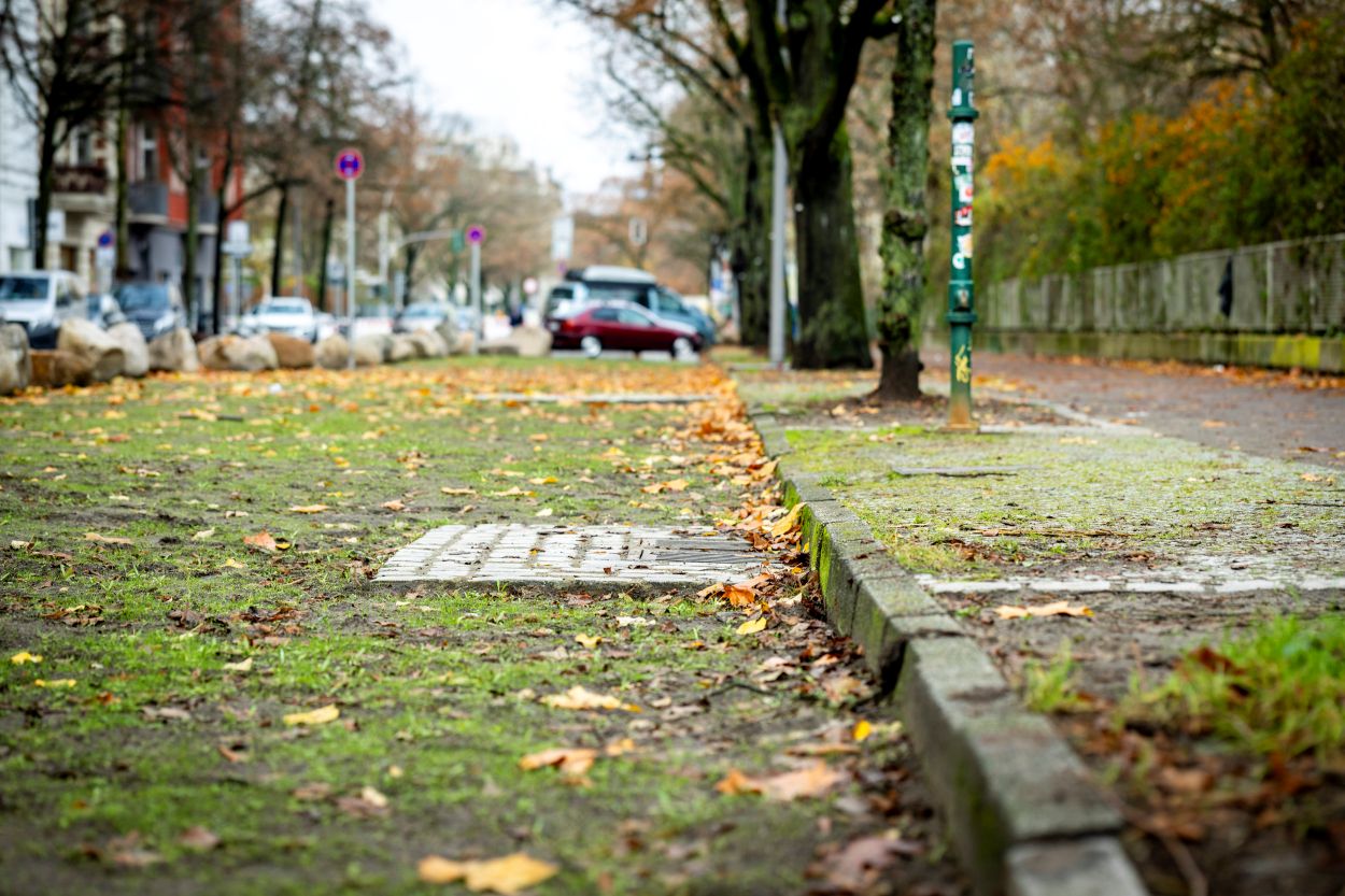 Grüner Gully in der Blücherstraße. Seitenansicht mit Gehweg.